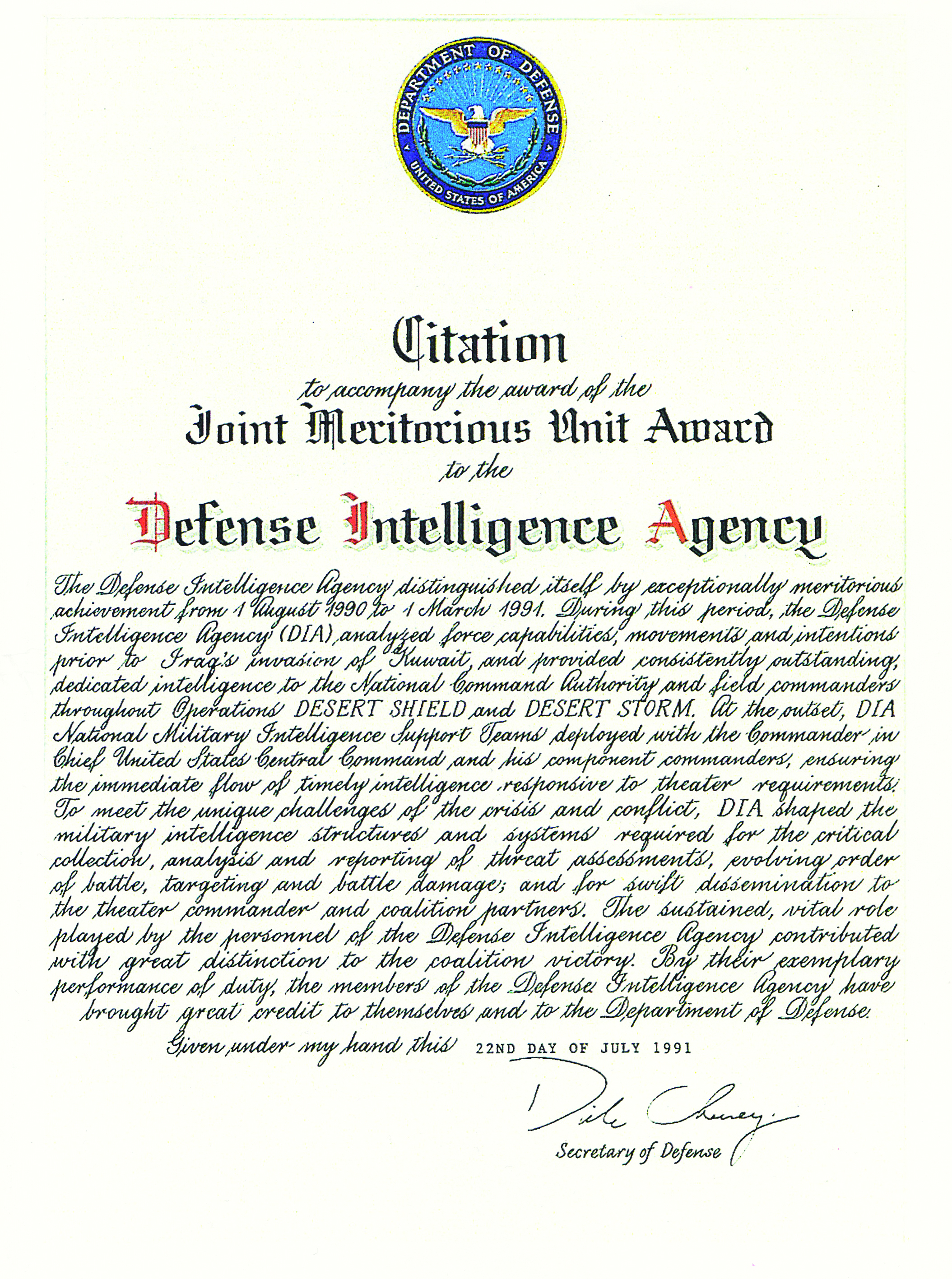 Image of JMUA citation signed by Secretary of Defense Dick Cheney.